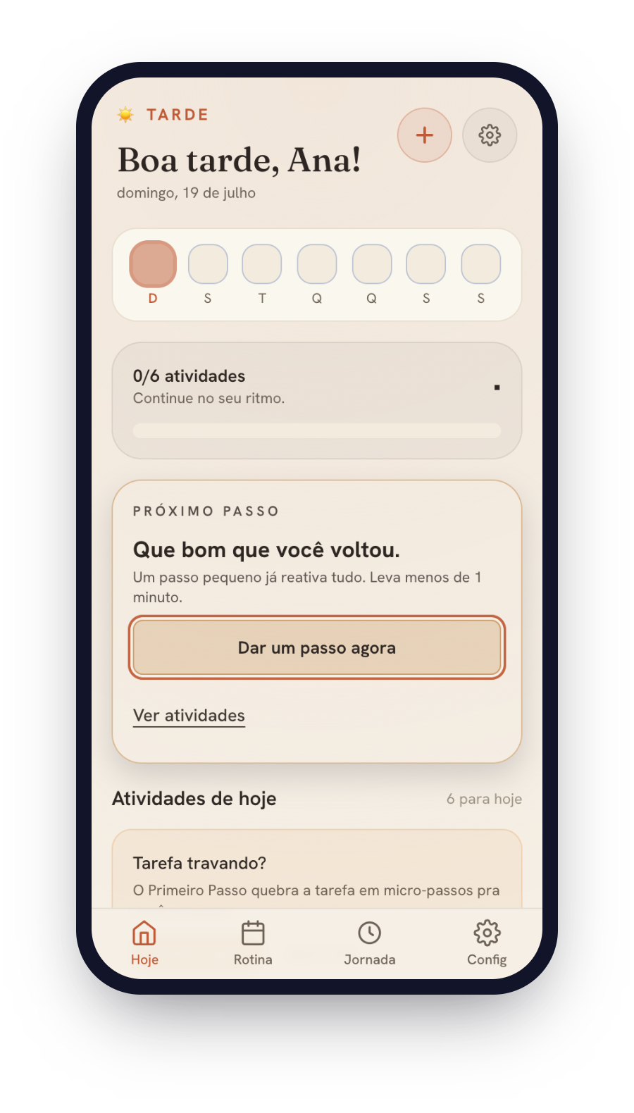 Tela Hoje do Koema: saudação do dia e o próximo passo, com atividades leves