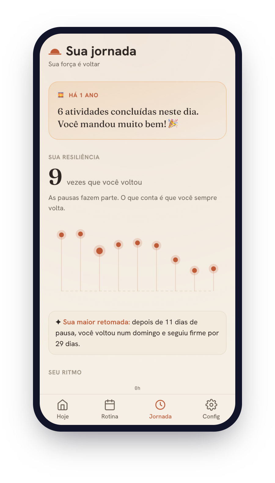 Tela Sua Jornada do Koema: retomadas e ritmo, celebrando cada volta