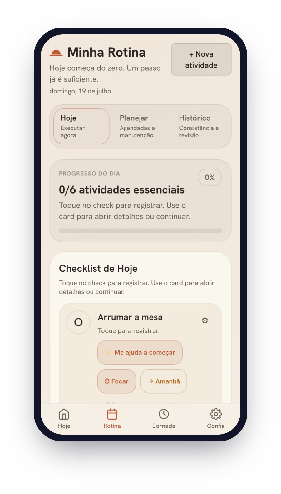 Tela Rotina do Koema: checklist do dia, no seu ritmo